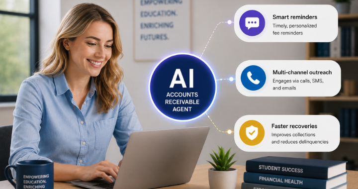 AI Accounts Receivable Agent interface showing smart reminders, multi-channel outreach, and faster tuition fee recovery features.
