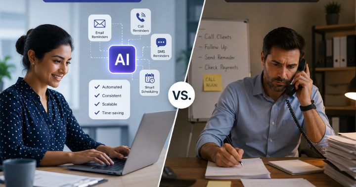 Comparison of AI reminder software automating notifications and follow-ups versus a person manually managing reminders and tasks.