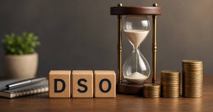Wooden DSO blocks beside an hourglass and stacked coins representing accounts receivable KPIs and cash flow management.