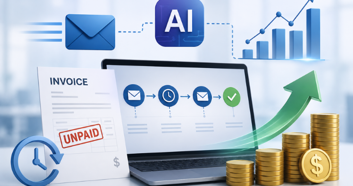 Illustration of AI-driven invoice collection software showing unpaid invoice reminders, automated email workflows, analytics charts, and revenue growth.